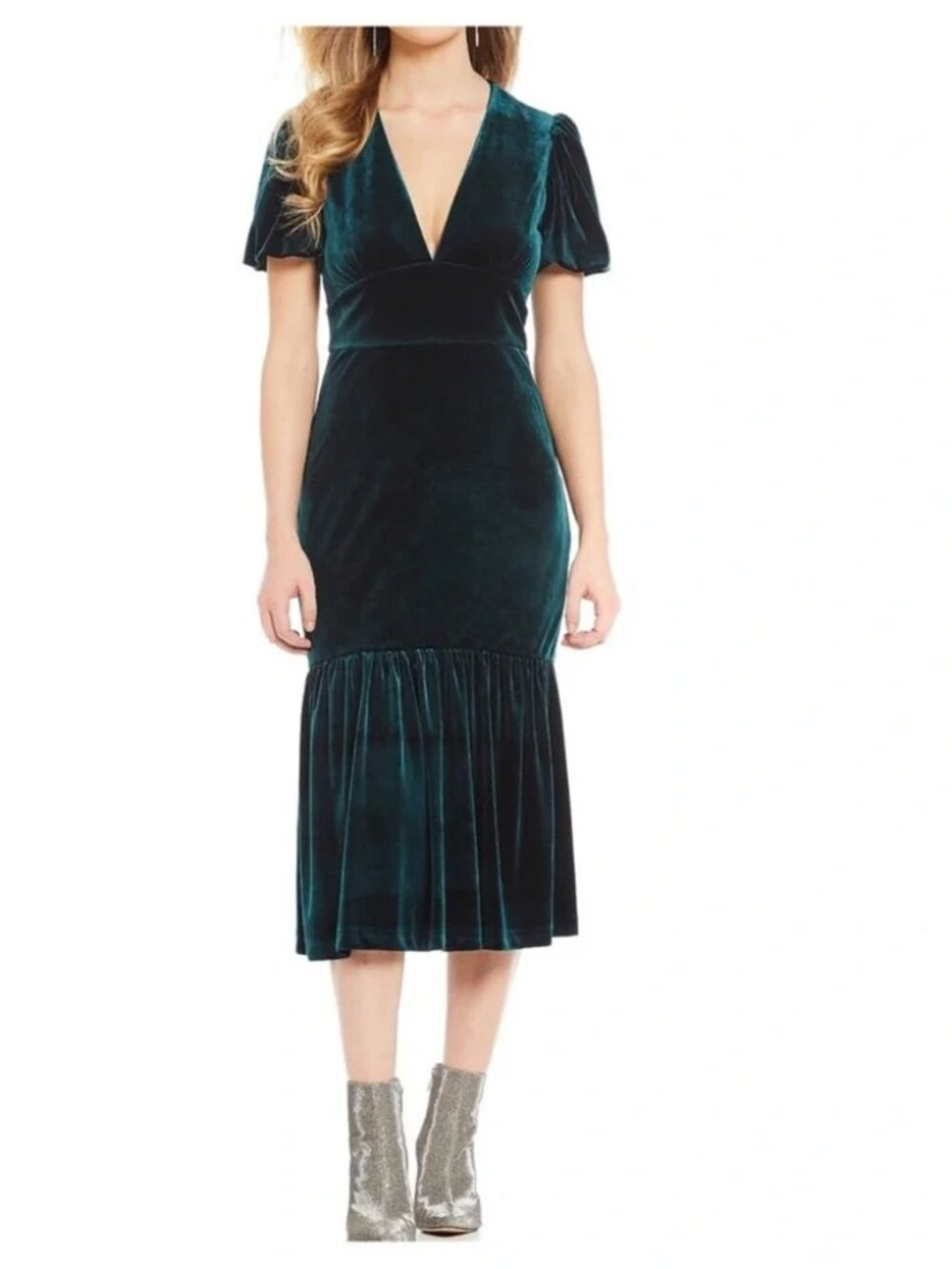 Mermaid Green Velvet Puff Sleeve Dress